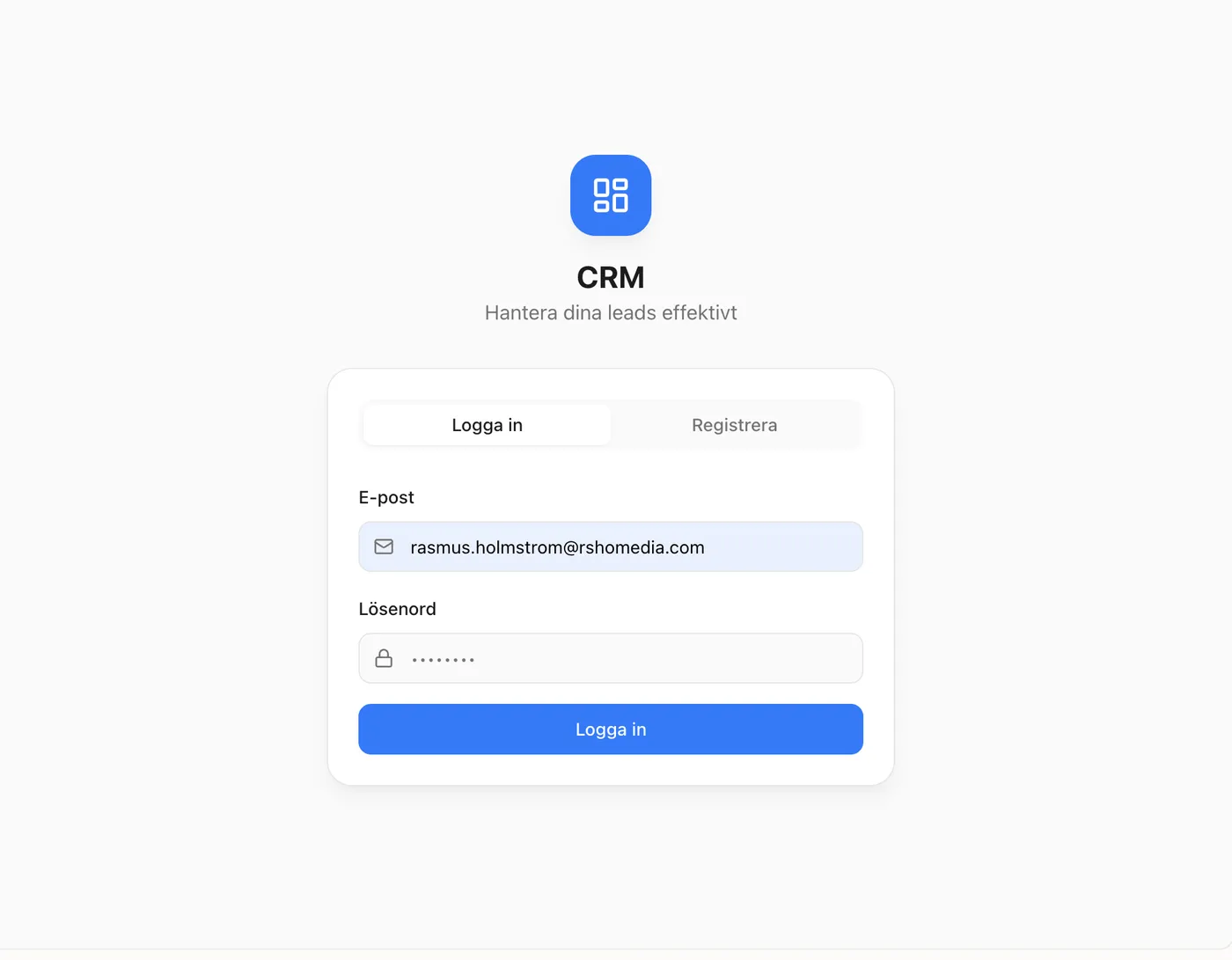 Inloggningsvy för skräddarsytt CRM byggt i Lovable - RSHO Media