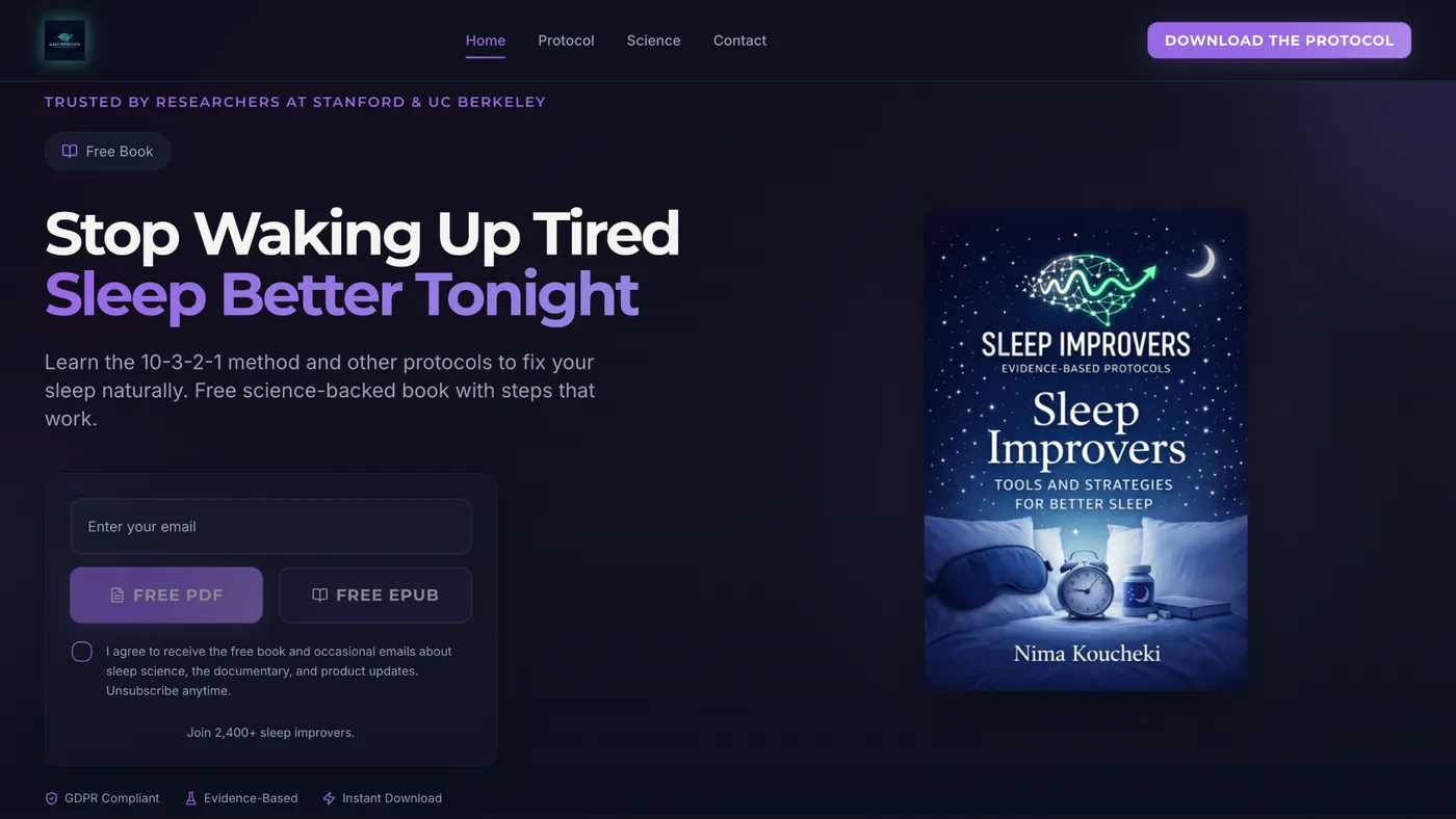 Sleep Improvers desktop – lead-genererande landningssida